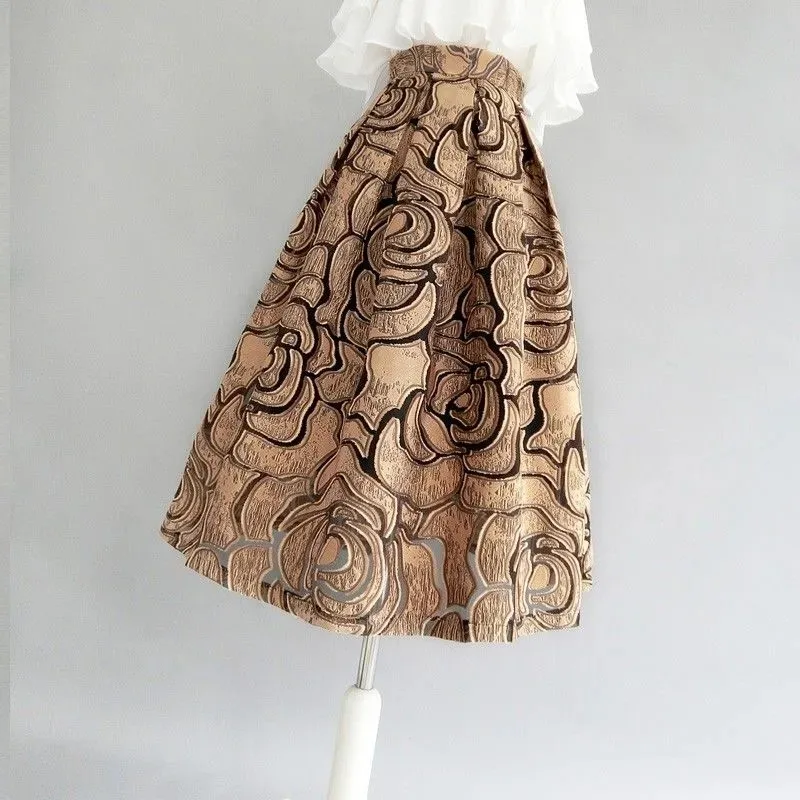 Khaki Geometric Vintage High Waist Ball Gown A-line Loose Women's Skirt Knee-Length Long Skirts For Women Clothing Fashion