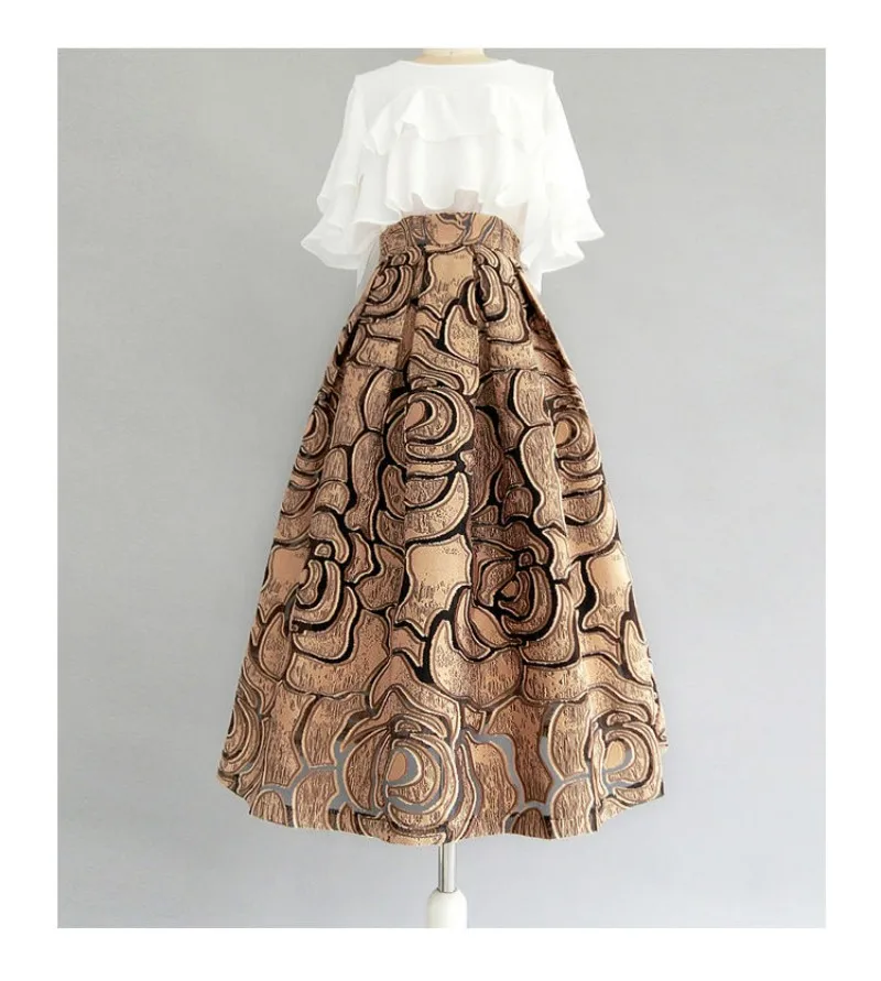 Khaki Geometric Vintage High Waist Ball Gown A-line Loose Women's Skirt Knee-Length Long Skirts For Women Clothing Fashion