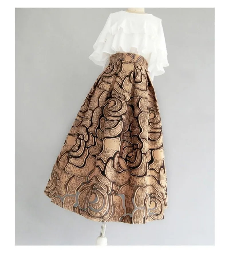 Khaki Geometric Vintage High Waist Ball Gown A-line Loose Women's Skirt Knee-Length Long Skirts For Women Clothing Fashion