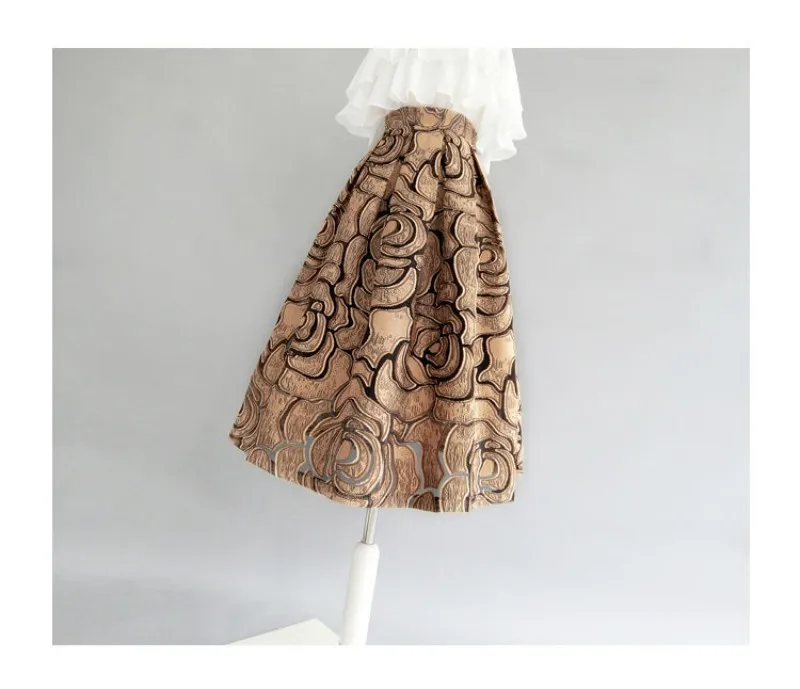 Khaki Geometric Vintage High Waist Ball Gown A-line Loose Women's Skirt Knee-Length Long Skirts For Women Clothing Fashion