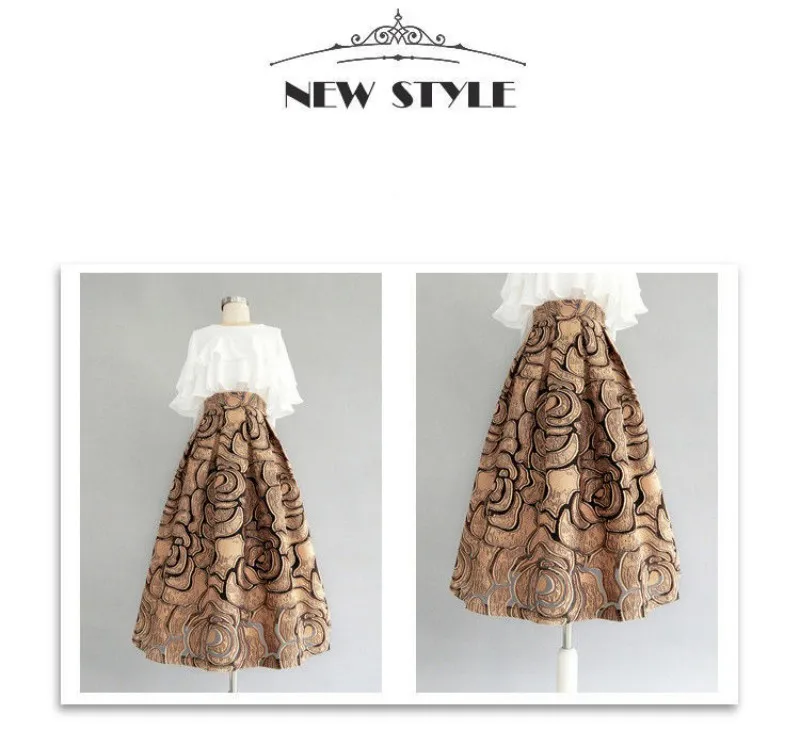 Khaki Geometric Vintage High Waist Ball Gown A-line Loose Women's Skirt Knee-Length Long Skirts For Women Clothing Fashion