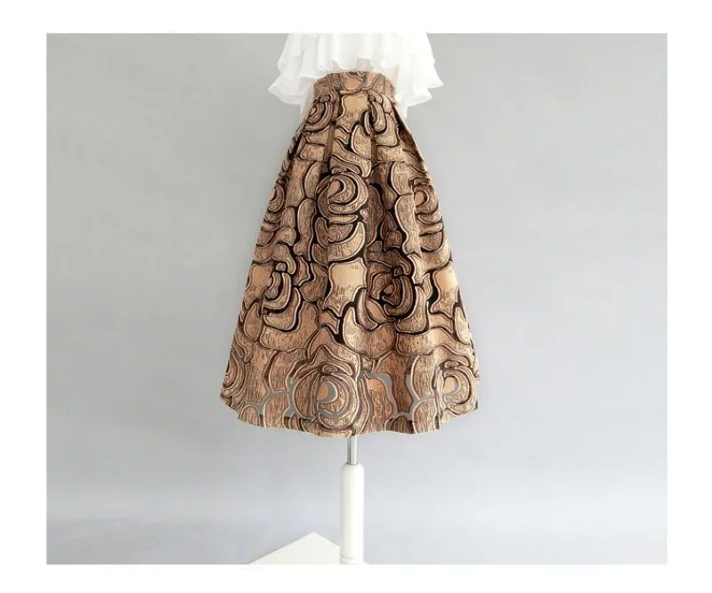 Khaki Geometric Vintage High Waist Ball Gown A-line Loose Women's Skirt Knee-Length Long Skirts For Women Clothing Fashion