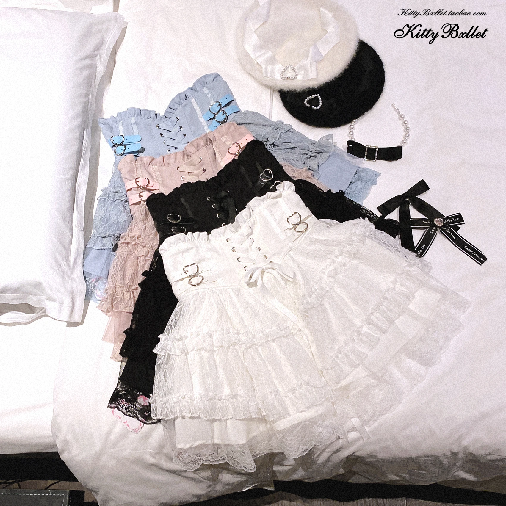 Japanese Mines Style Sweet Cute Lace Splicing Lace-up Heart PU Buckle High Waist Slim A-line Versatile Lolita Short Skirts Women