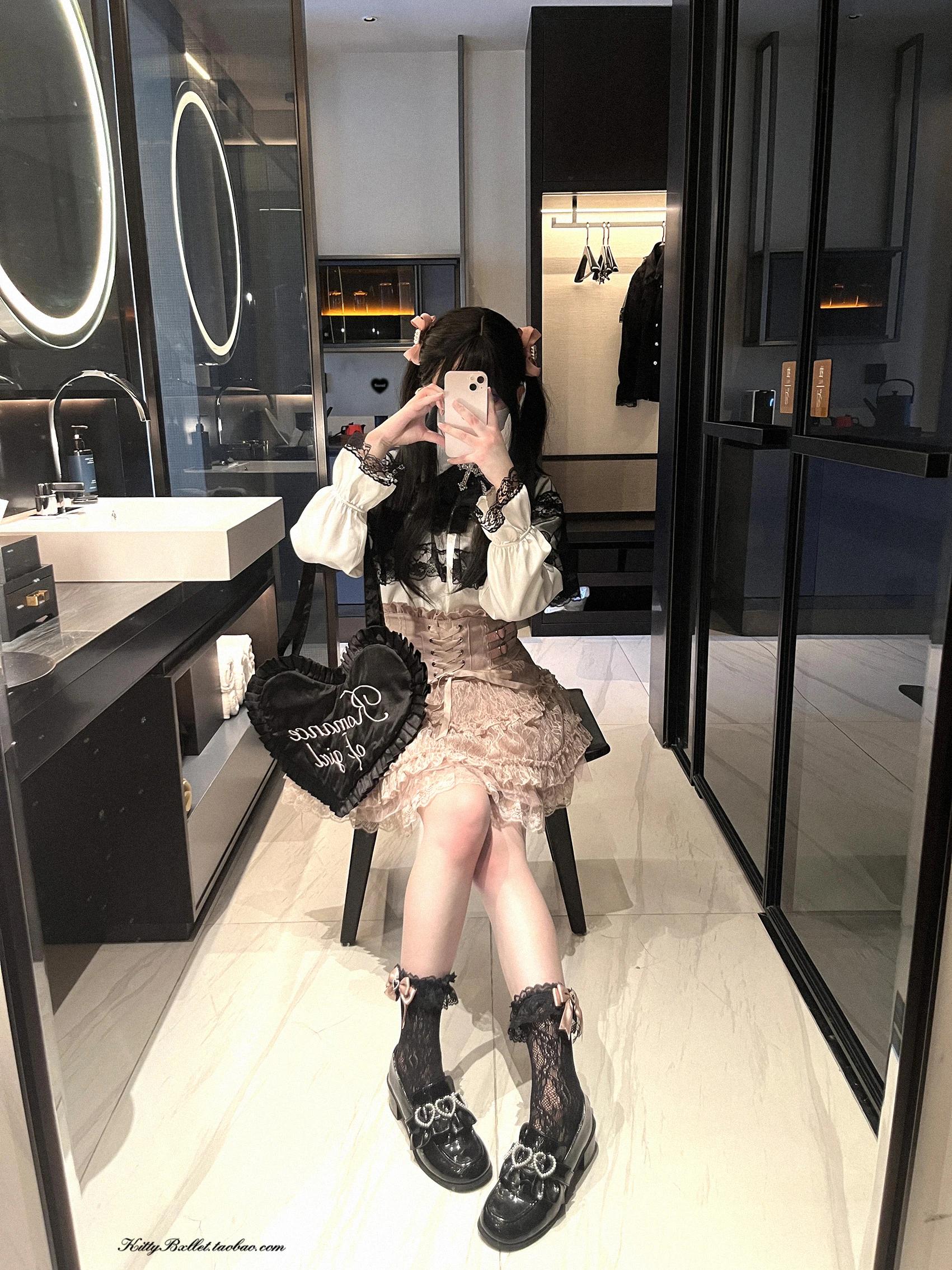Japanese Mines Style Sweet Cute Lace Splicing Lace-up Heart PU Buckle High Waist Slim A-line Versatile Lolita Short Skirts Women