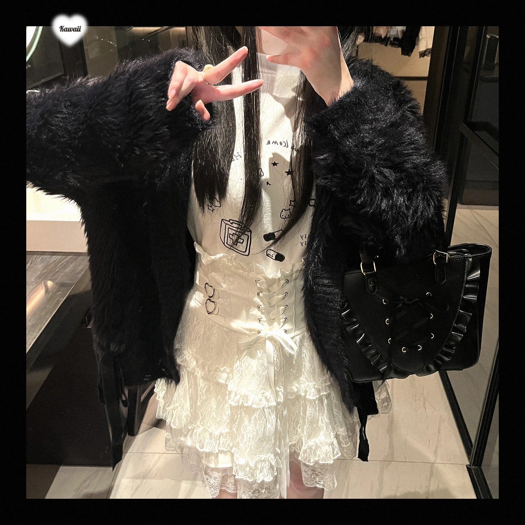 Japanese Mines Style Sweet Cute Lace Splicing Lace-up Heart PU Buckle High Waist Slim A-line Versatile Lolita Short Skirts Women