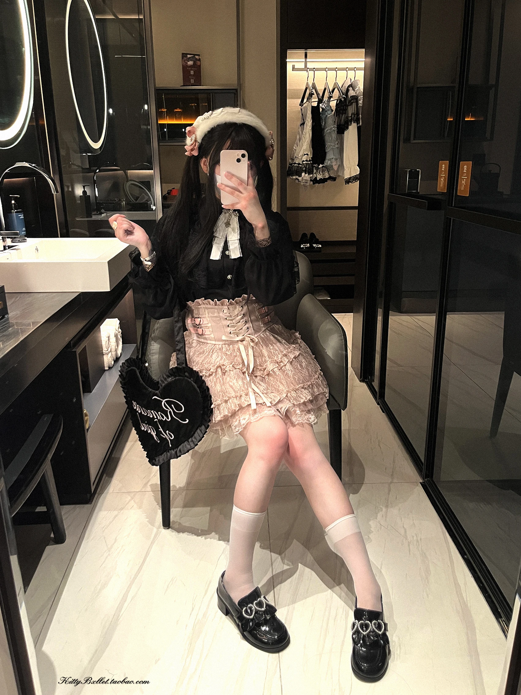 Japanese Mines Style Sweet Cute Lace Splicing Lace-up Heart PU Buckle High Waist Slim A-line Versatile Lolita Short Skirts Women