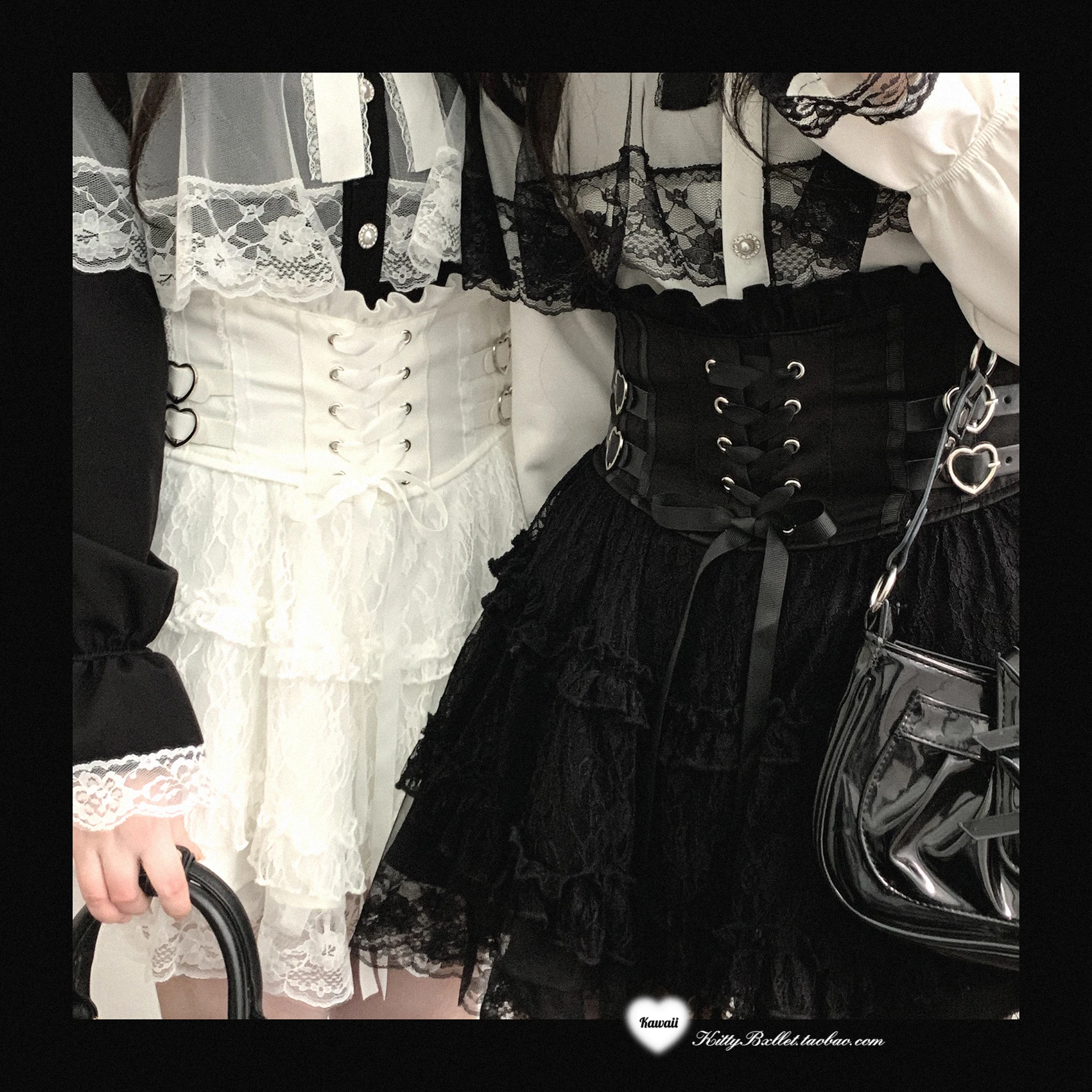 Japanese Mines Style Sweet Cute Lace Splicing Lace-up Heart PU Buckle High Waist Slim A-line Versatile Lolita Short Skirts Women