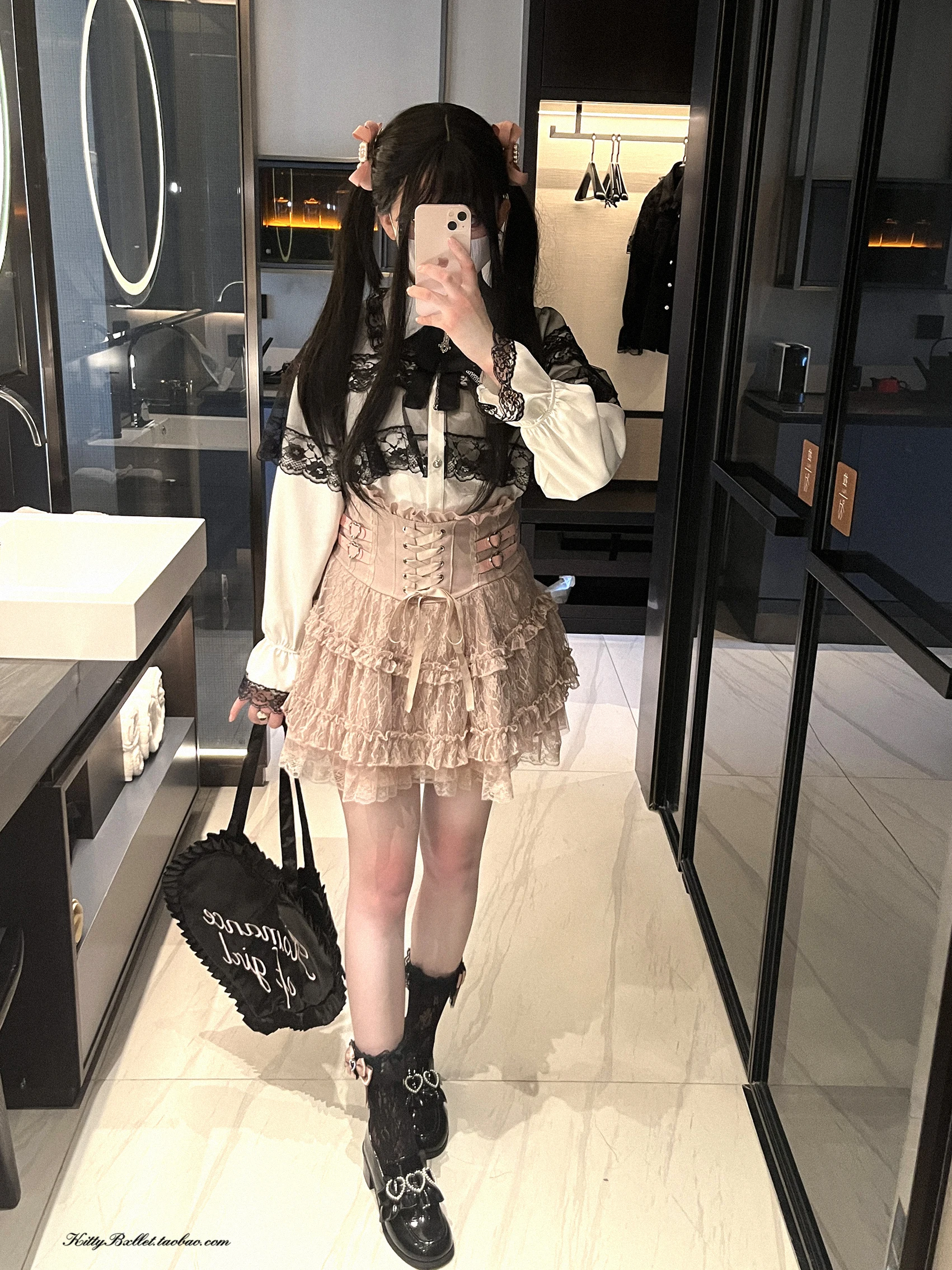 Japanese Mines Style Sweet Cute Lace Splicing Lace-up Heart PU Buckle High Waist Slim A-line Versatile Lolita Short Skirts Women