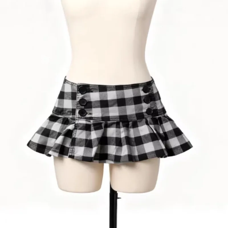 New Euramerican Low Waist Sweet Cool Girl Skirts Y2k Aesthetic Constrast Color Plaid Pleated Jupe Harajuku Buttons Design Skirts