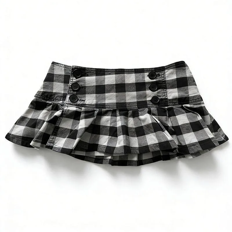 New Euramerican Low Waist Sweet Cool Girl Skirts Y2k Aesthetic Constrast Color Plaid Pleated Jupe Harajuku Buttons Design Skirts