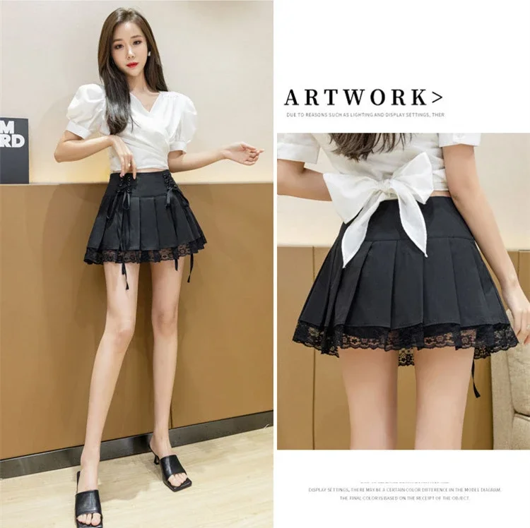 Goth Mall Gothic Pleated Mini Skirts Women Vintage Harajuku Emo Alt Clothes High Waist Lace Ruffles Skirt Harajuku Korean Style