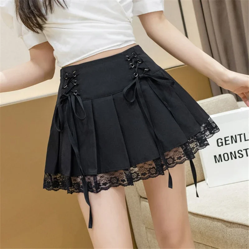 Goth Mall Gothic Pleated Mini Skirts Women Vintage Harajuku Emo Alt Clothes High Waist Lace Ruffles Skirt Harajuku Korean Style