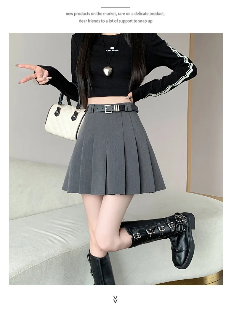 Women's High Waist Gray Pleated Skirt Summer New Preppy Style Slim Fit A-line Skirts Woman Solid Color Casual Student Mini Skirt