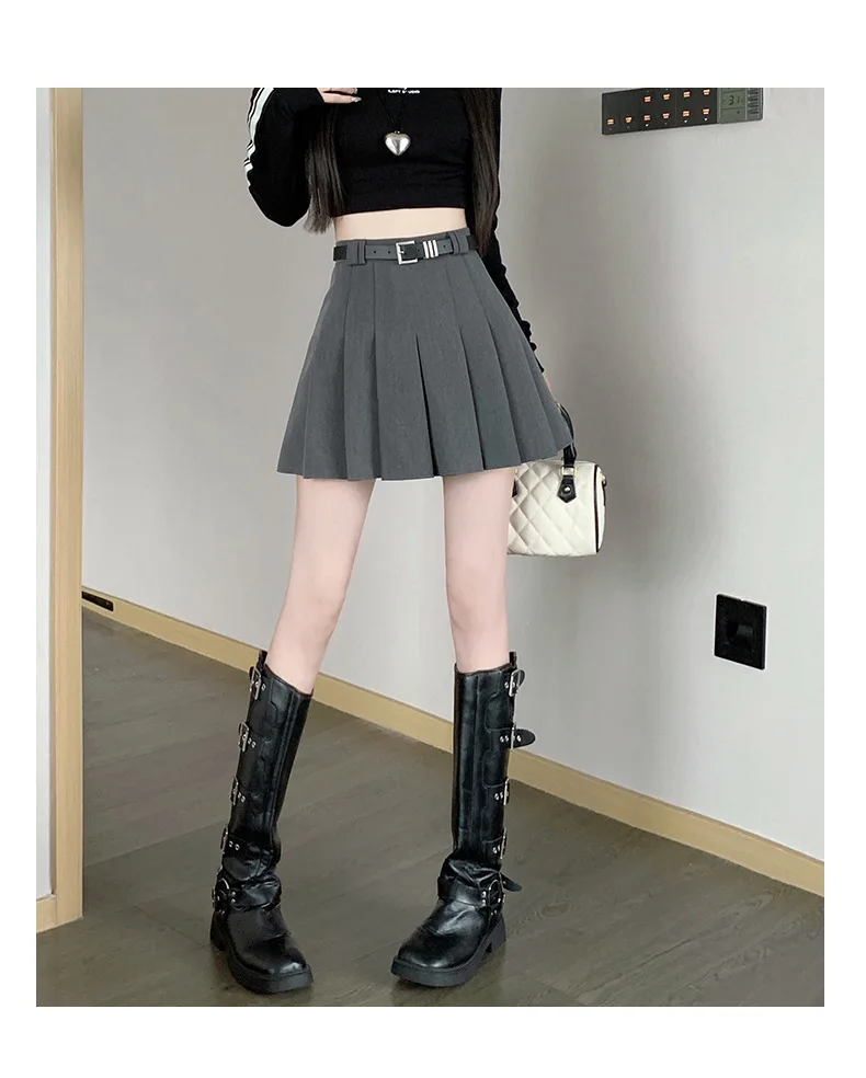 Women's High Waist Gray Pleated Skirt Summer New Preppy Style Slim Fit A-line Skirts Woman Solid Color Casual Student Mini Skirt