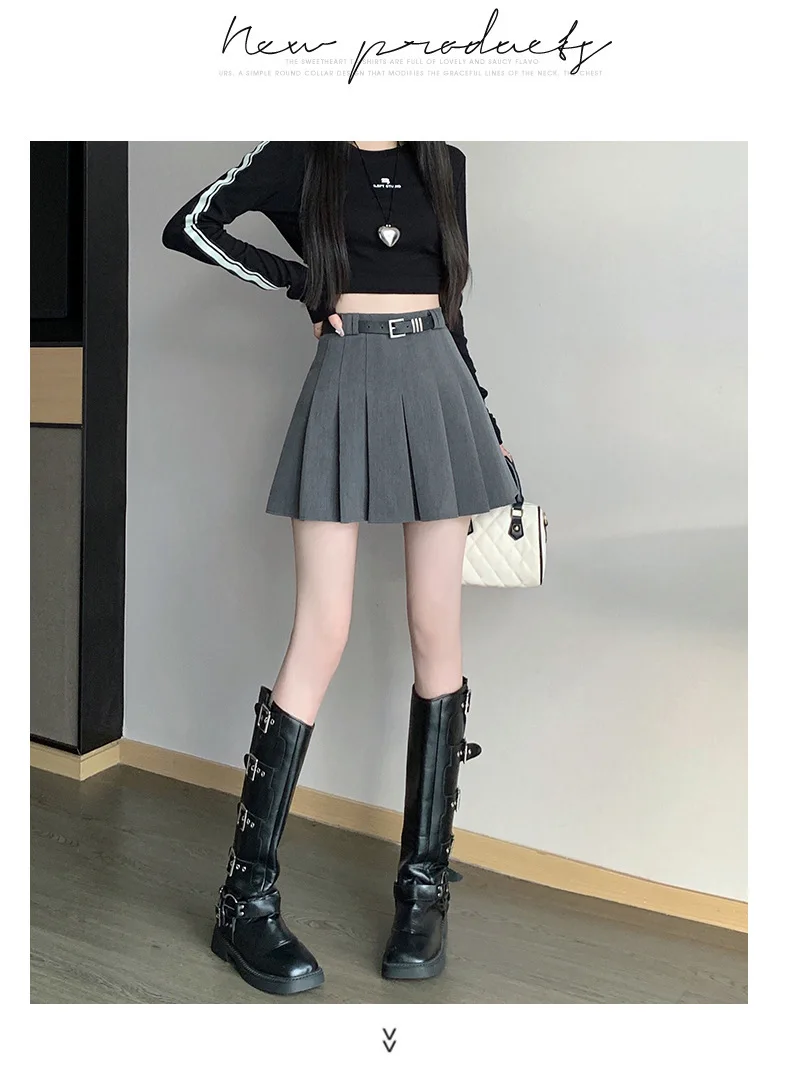 Women's High Waist Gray Pleated Skirt Summer New Preppy Style Slim Fit A-line Skirts Woman Solid Color Casual Student Mini Skirt