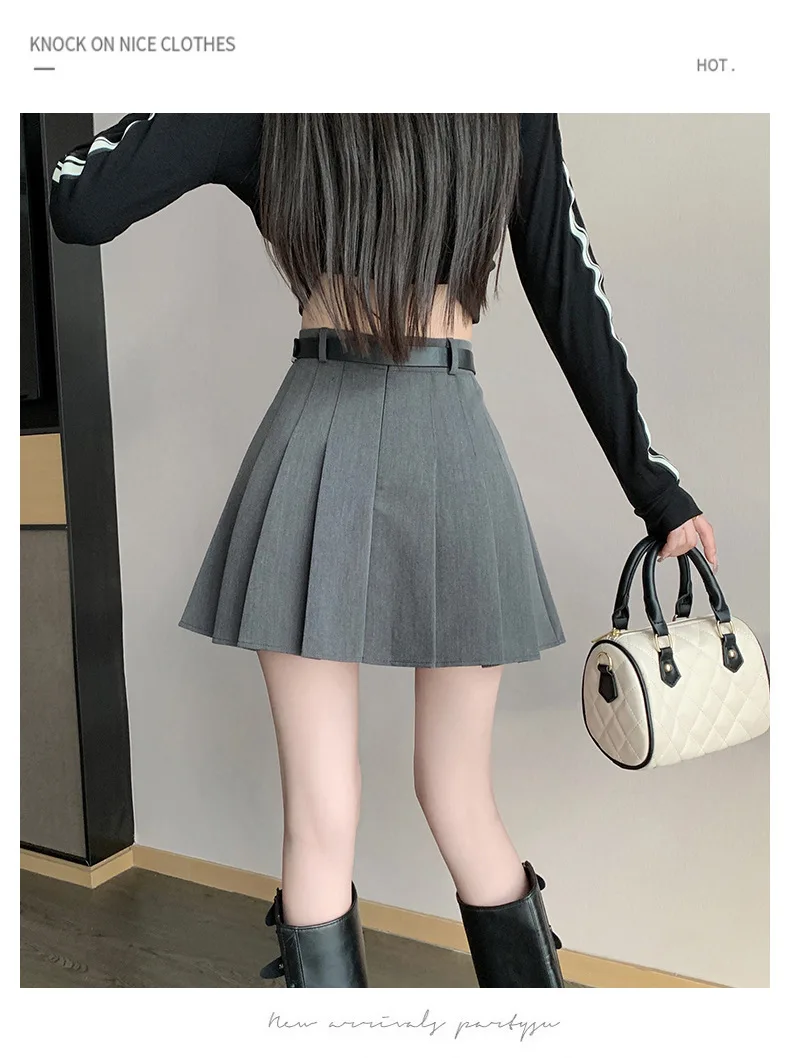 Women's High Waist Gray Pleated Skirt Summer New Preppy Style Slim Fit A-line Skirts Woman Solid Color Casual Student Mini Skirt