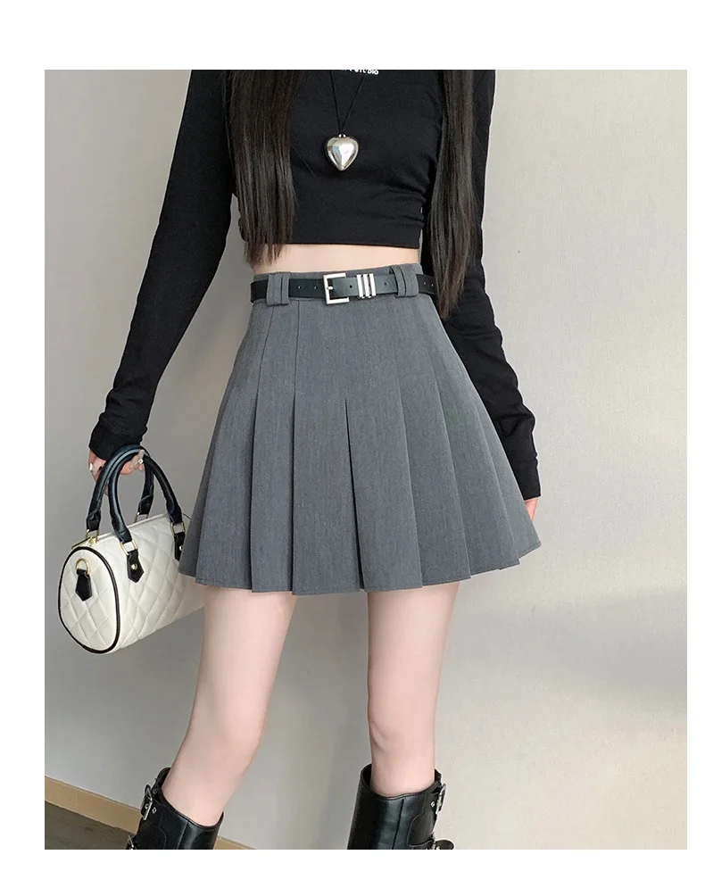Women's High Waist Gray Pleated Skirt Summer New Preppy Style Slim Fit A-line Skirts Woman Solid Color Casual Student Mini Skirt