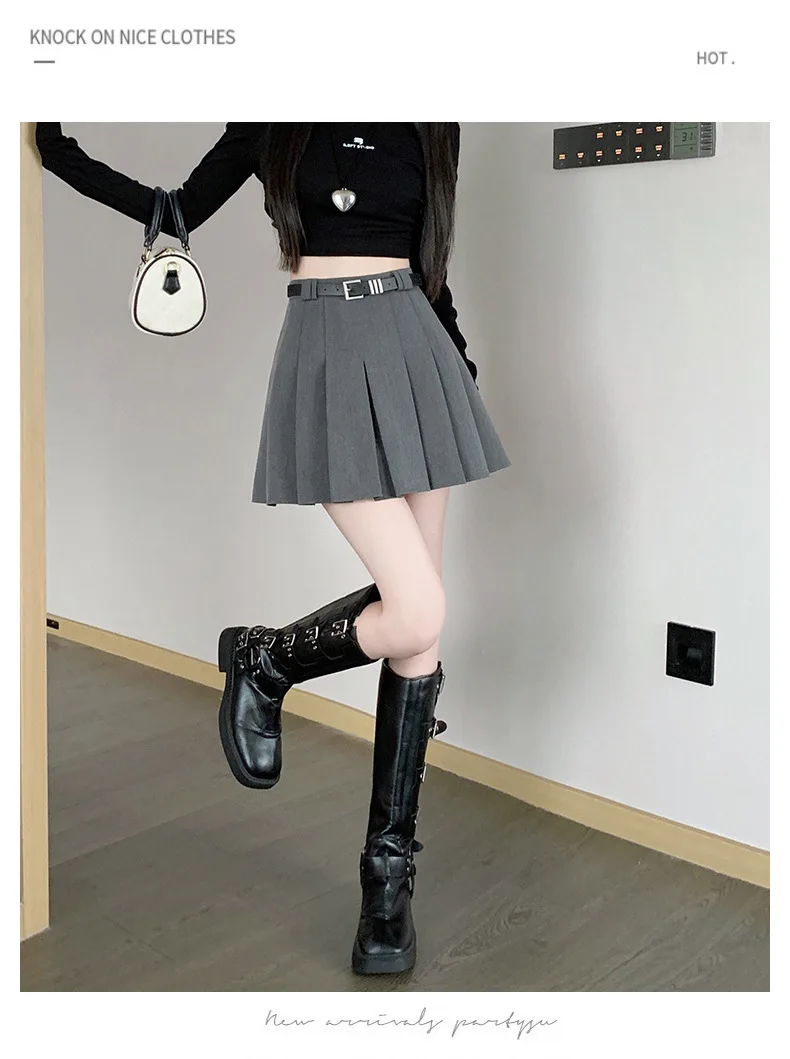 Women's High Waist Gray Pleated Skirt Summer New Preppy Style Slim Fit A-line Skirts Woman Solid Color Casual Student Mini Skirt