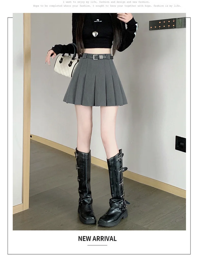 Women's High Waist Gray Pleated Skirt Summer New Preppy Style Slim Fit A-line Skirts Woman Solid Color Casual Student Mini Skirt