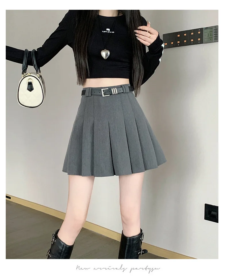 Women's High Waist Gray Pleated Skirt Summer New Preppy Style Slim Fit A-line Skirts Woman Solid Color Casual Student Mini Skirt