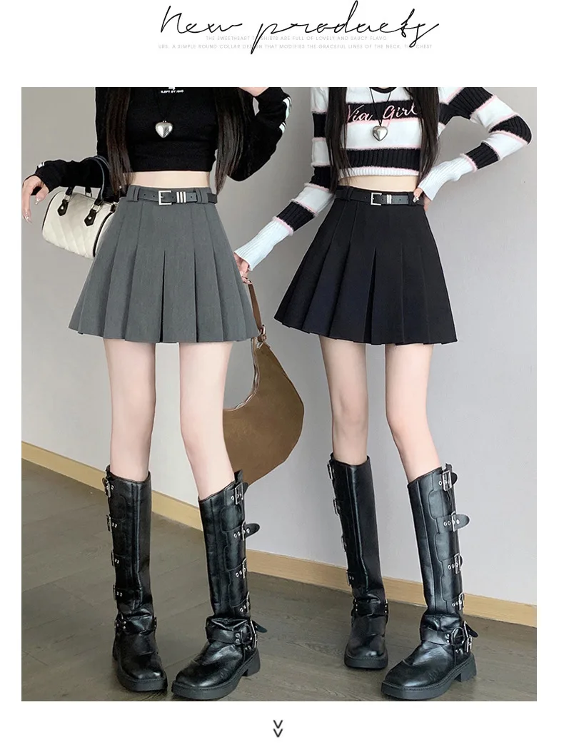 Women's High Waist Gray Pleated Skirt Summer New Preppy Style Slim Fit A-line Skirts Woman Solid Color Casual Student Mini Skirt