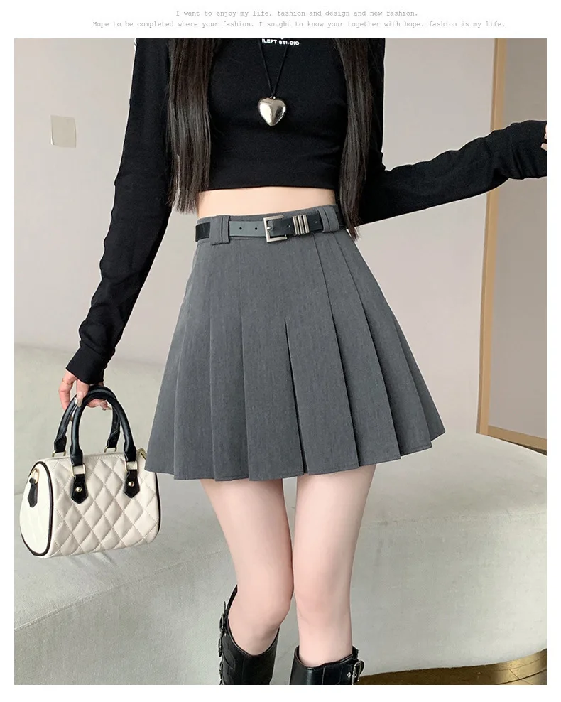Women's High Waist Gray Pleated Skirt Summer New Preppy Style Slim Fit A-line Skirts Woman Solid Color Casual Student Mini Skirt