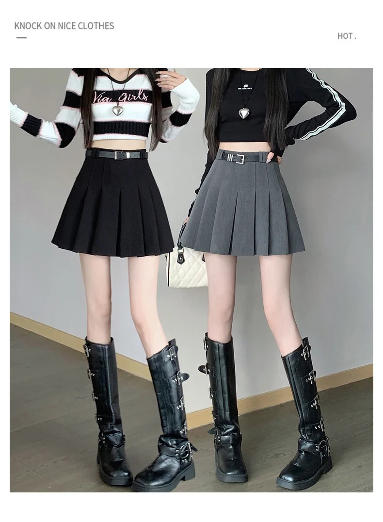 Women's High Waist Gray Pleated Skirt Summer New Preppy Style Slim Fit A-line Skirts Woman Solid Color Casual Student Mini Skirt