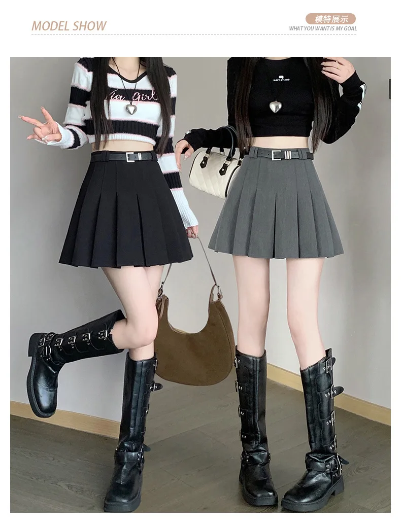 Women's High Waist Gray Pleated Skirt Summer New Preppy Style Slim Fit A-line Skirts Woman Solid Color Casual Student Mini Skirt