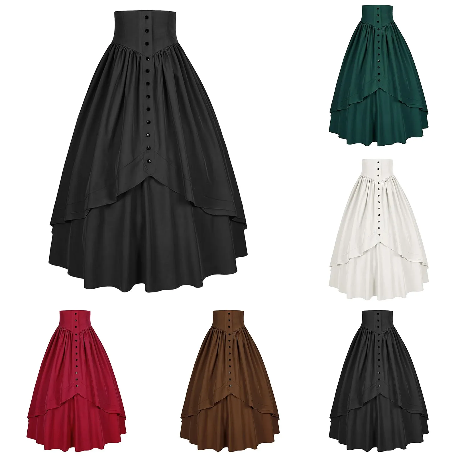 Vintage Medieval Maxi Skirt for Women Victorian High Waist Party A Line Long Skirt Gothic Buttons Ruffled Hem Pleated Skirts