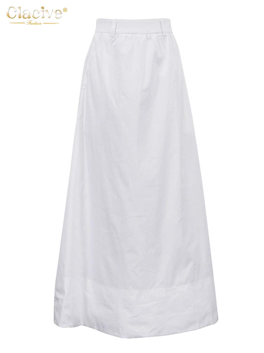 Clacive Fashion Loose White Cotton Women's Skirt 2025 Casual High Waist Long Skirts Elegant Classic Solid Skirt Female Clothing