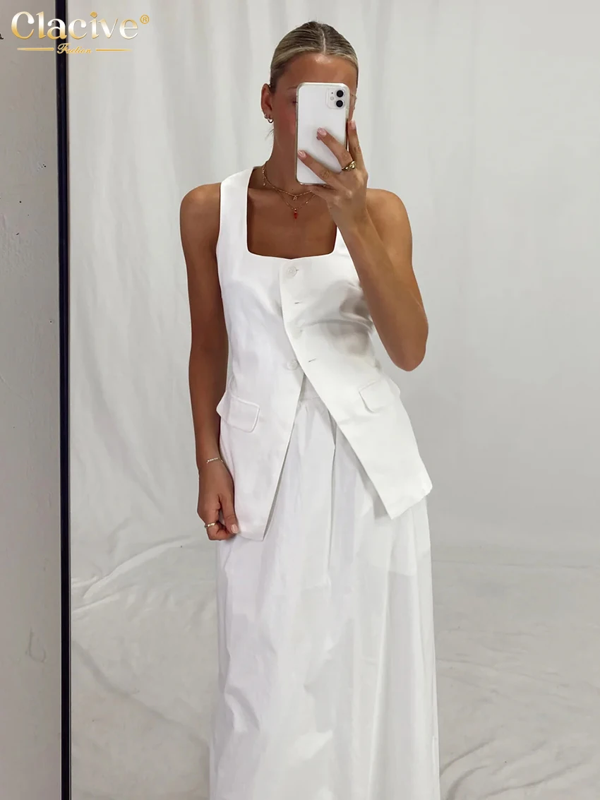 Clacive Fashion Loose White Cotton Women's Skirt 2025 Casual High Waist Long Skirts Elegant Classic Solid Skirt Female Clothing
