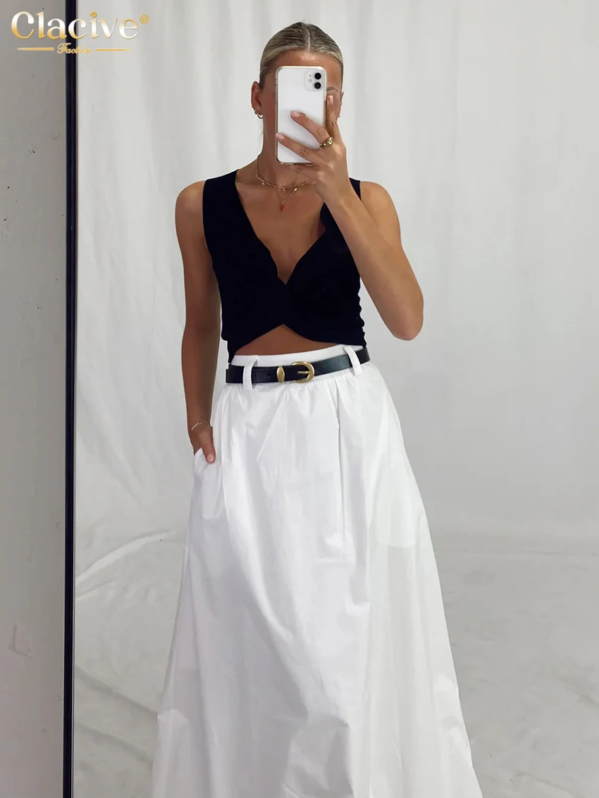 Clacive Fashion Loose White Cotton Women's Skirt 2025 Casual High Waist Long Skirts Elegant Classic Solid Skirt Female Clothing