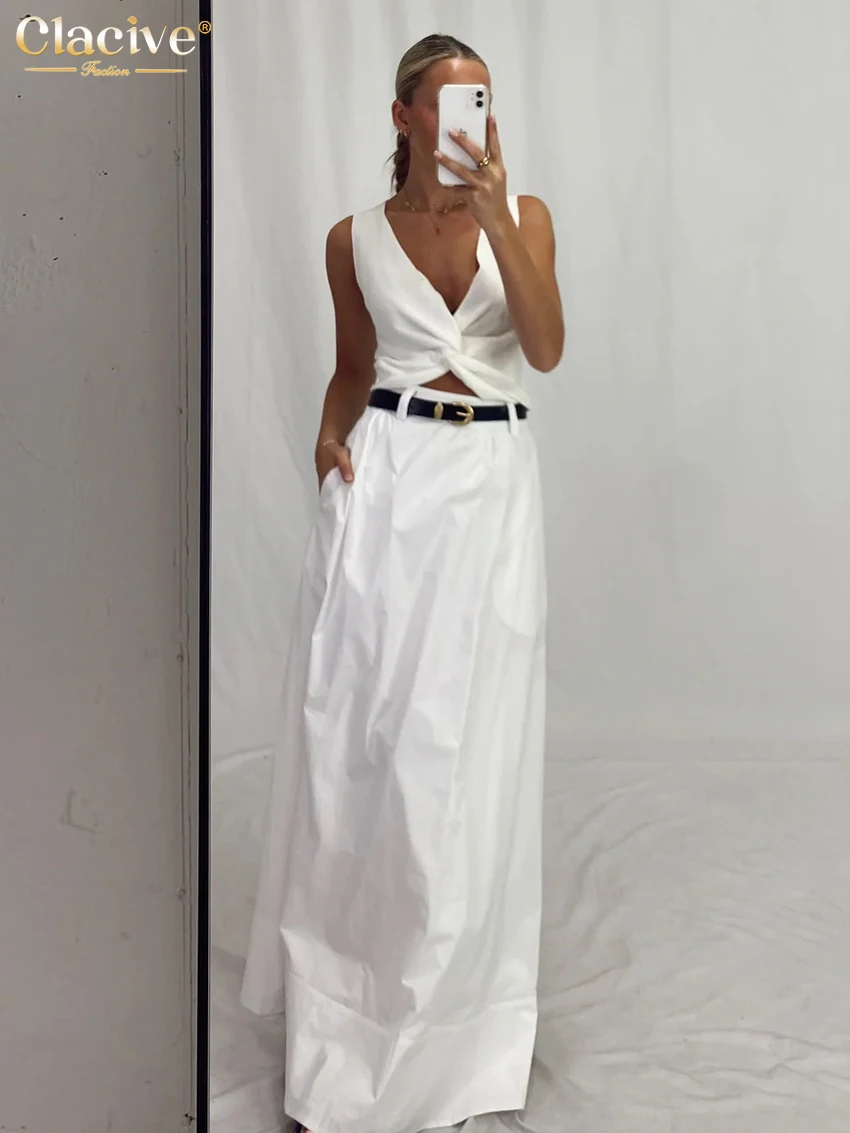 Clacive Fashion Loose White Cotton Women's Skirt 2025 Casual High Waist Long Skirts Elegant Classic Solid Skirt Female Clothing