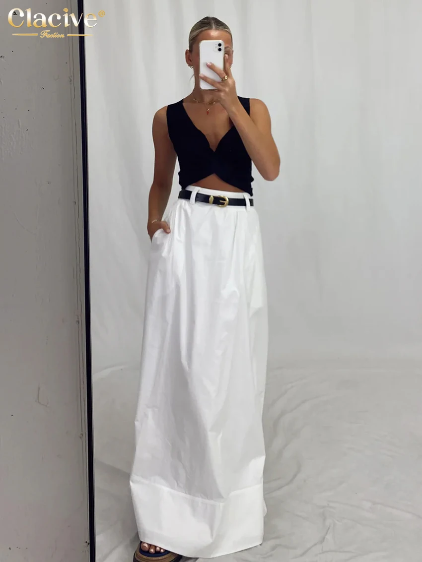 Clacive Fashion Loose White Cotton Women's Skirt 2025 Casual High Waist Long Skirts Elegant Classic Solid Skirt Female Clothing
