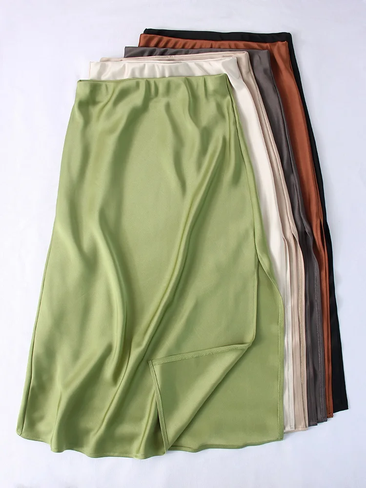 Green Satin Midi Skirts For Women Summer Elastic High Waist A Line Slit Skirt Midi Satin Silk Women Skirt With Slit Summer 2024