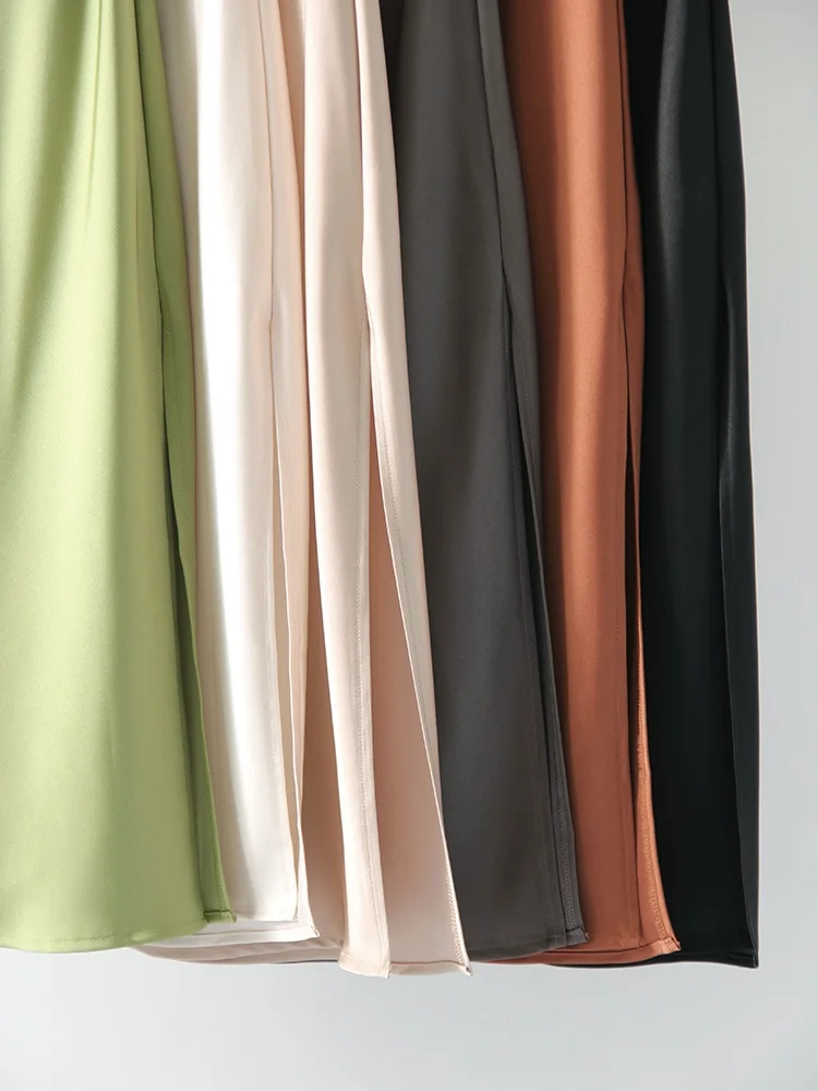Green Satin Midi Skirts For Women Summer Elastic High Waist A Line Slit Skirt Midi Satin Silk Women Skirt With Slit Summer 2024