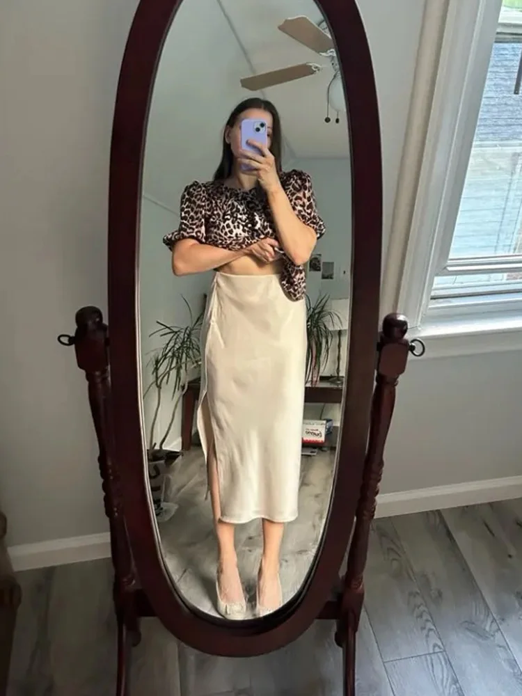 Green Satin Midi Skirts For Women Summer Elastic High Waist A Line Slit Skirt Midi Satin Silk Women Skirt With Slit Summer 2024