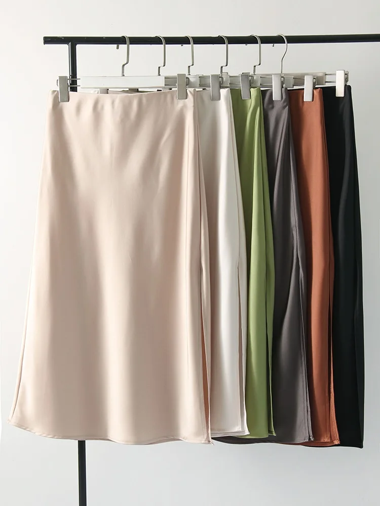 Green Satin Midi Skirts For Women Summer Elastic High Waist A Line Slit Skirt Midi Satin Silk Women Skirt With Slit Summer 2024