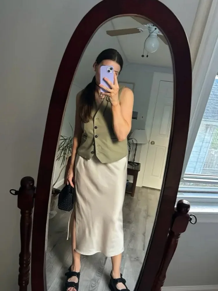 Green Satin Midi Skirts For Women Summer Elastic High Waist A Line Slit Skirt Midi Satin Silk Women Skirt With Slit Summer 2024