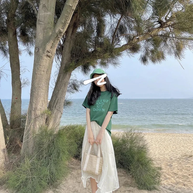 Elegant Pearl Mesh Midi Skirt Women Fashion Beading Patchwork Skirts Skirts Summer Streetwear Korean Casual Design A Line Faldas