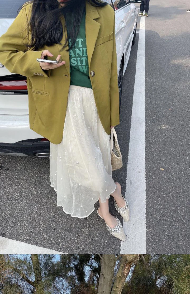 Elegant Pearl Mesh Midi Skirt Women Fashion Beading Patchwork Skirts Skirts Summer Streetwear Korean Casual Design A Line Faldas