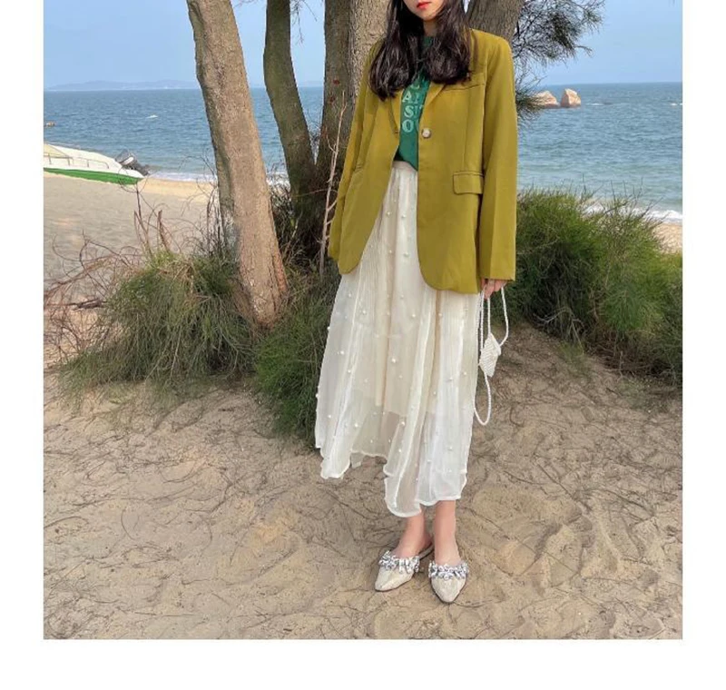 Elegant Pearl Mesh Midi Skirt Women Fashion Beading Patchwork Skirts Skirts Summer Streetwear Korean Casual Design A Line Faldas