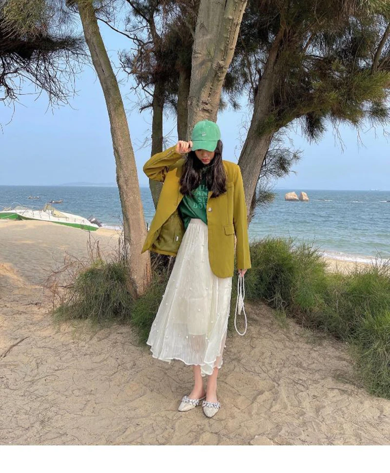 Elegant Pearl Mesh Midi Skirt Women Fashion Beading Patchwork Skirts Skirts Summer Streetwear Korean Casual Design A Line Faldas
