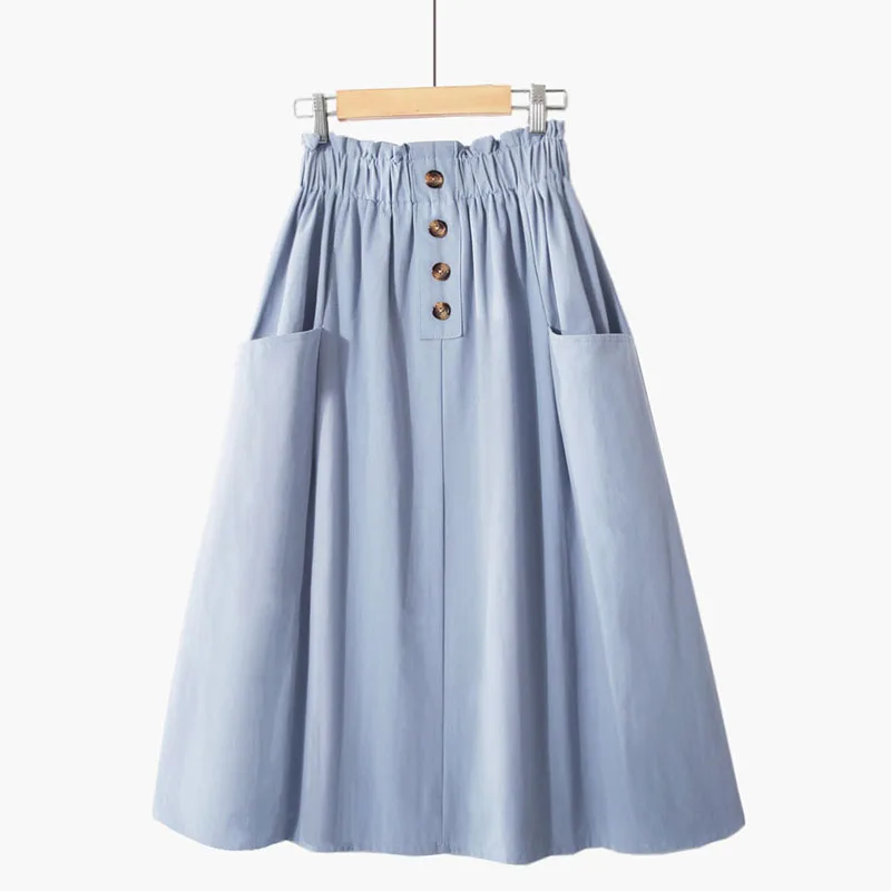 Women Summer Skirt Spring Korean Style Casual Solid High Waist  A-Line Midi Skirts With Pocket Girls Elegant Faldas