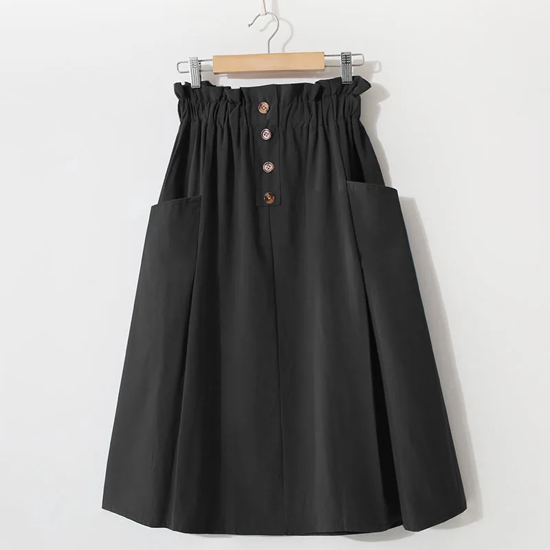 Women Summer Skirt Spring Korean Style Casual Solid High Waist  A-Line Midi Skirts With Pocket Girls Elegant Faldas