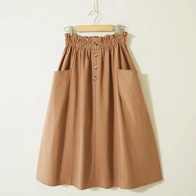 Women Summer Skirt Spring Korean Style Casual Solid High Waist  A-Line Midi Skirts With Pocket Girls Elegant Faldas