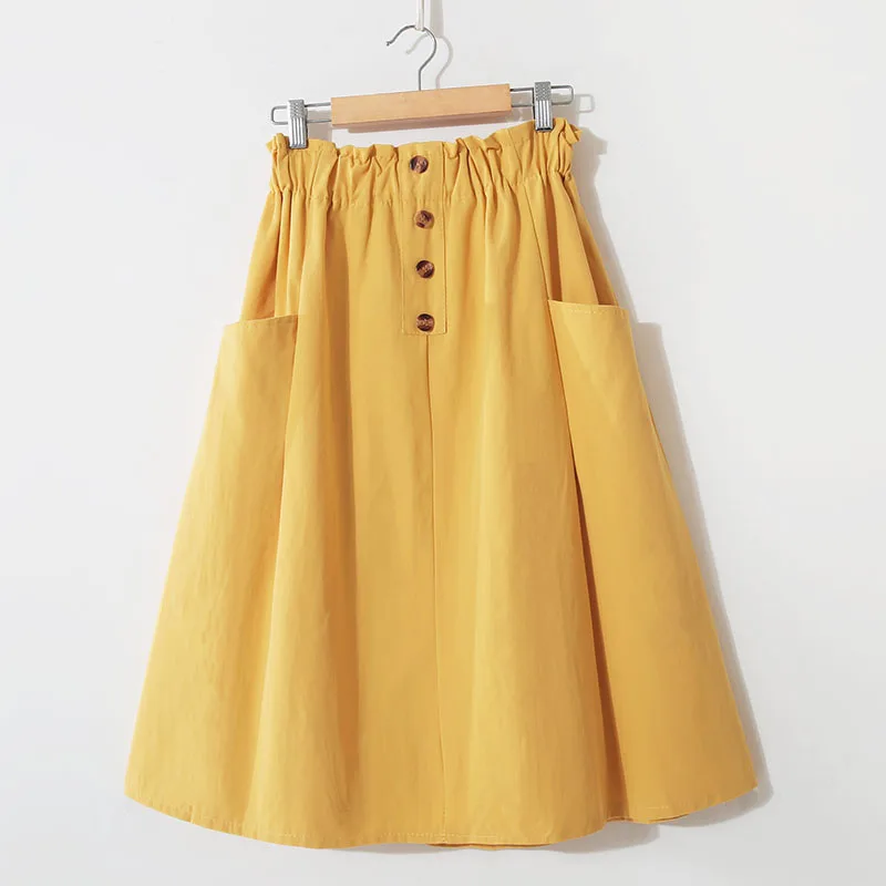 Women Summer Skirt Spring Korean Style Casual Solid High Waist  A-Line Midi Skirts With Pocket Girls Elegant Faldas