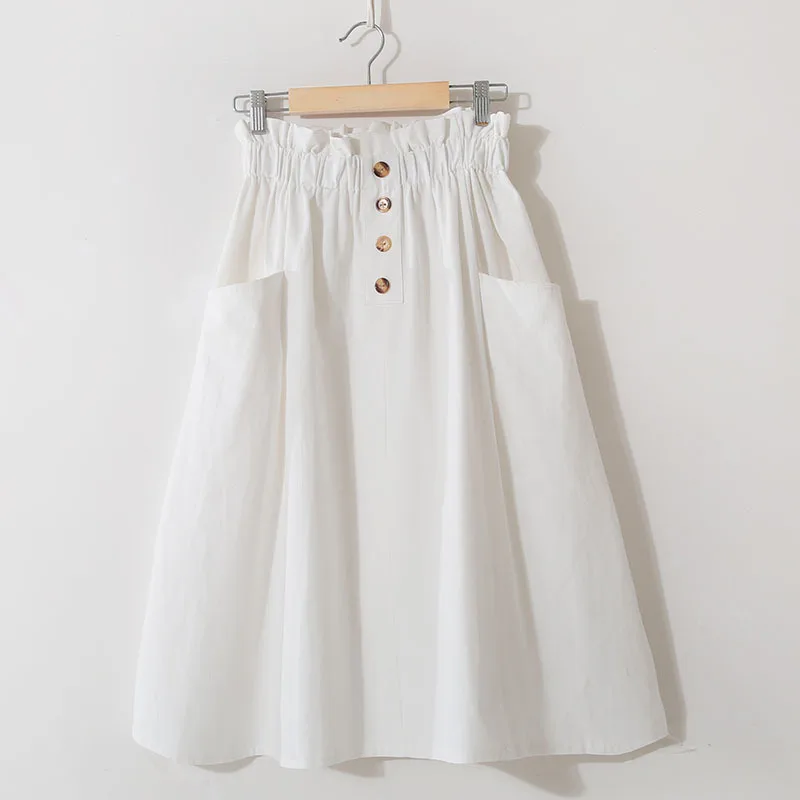 Women Summer Skirt Spring Korean Style Casual Solid High Waist  A-Line Midi Skirts With Pocket Girls Elegant Faldas