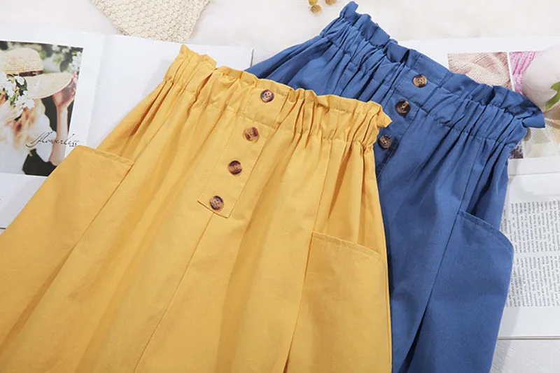 Women Summer Skirt Spring Korean Style Casual Solid High Waist  A-Line Midi Skirts With Pocket Girls Elegant Faldas