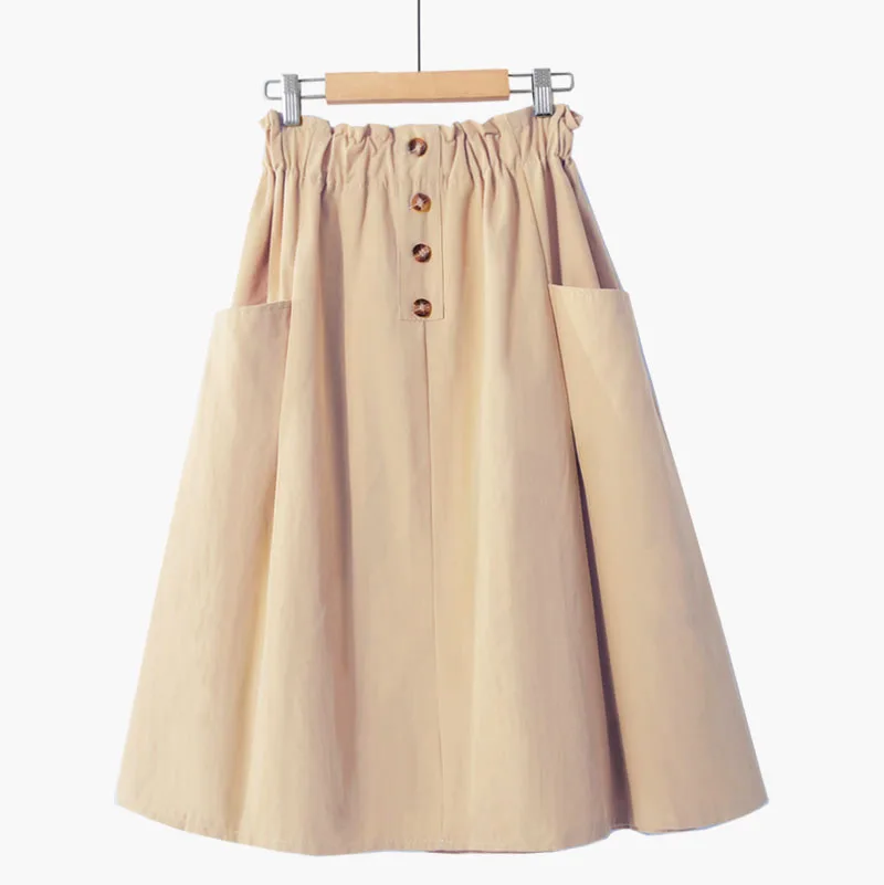 Women Summer Skirt Spring Korean Style Casual Solid High Waist  A-Line Midi Skirts With Pocket Girls Elegant Faldas